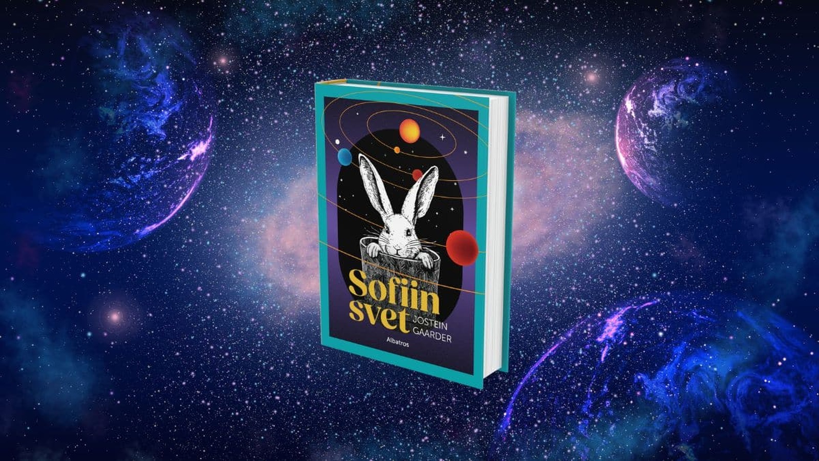 Kniha Sofiin svet od Josteina Gaardera na farebnom kozmickom pozadí s planétami, vesmírom a orbitálnymi dráhami.