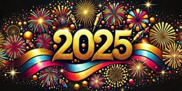 Šťastný nový rok 2025 – zlatý nápis obklopený farebnými ohňostrojmi a konfetami na čiernom pozadí.