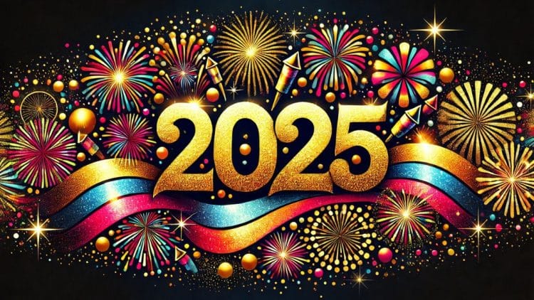 Šťastný nový rok 2025 – zlatý nápis obklopený farebnými ohňostrojmi a konfetami na čiernom pozadí.