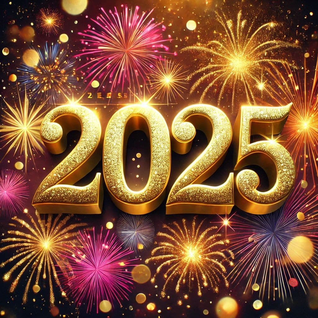 Zlatý nápis 2025 obklopený farebnými ohňostrojmi na tmavom pozadí