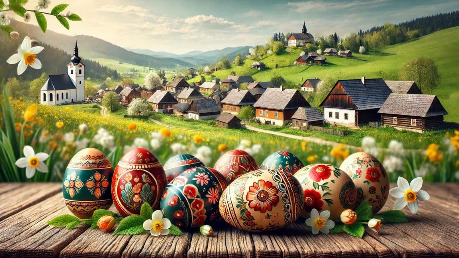 Tradičné slovenské kraslice na drevenom stole, v pozadí malebná dedinka so zelenými lúkami, kvitnúcimi stromami a kostolom pod jasnou oblohou.