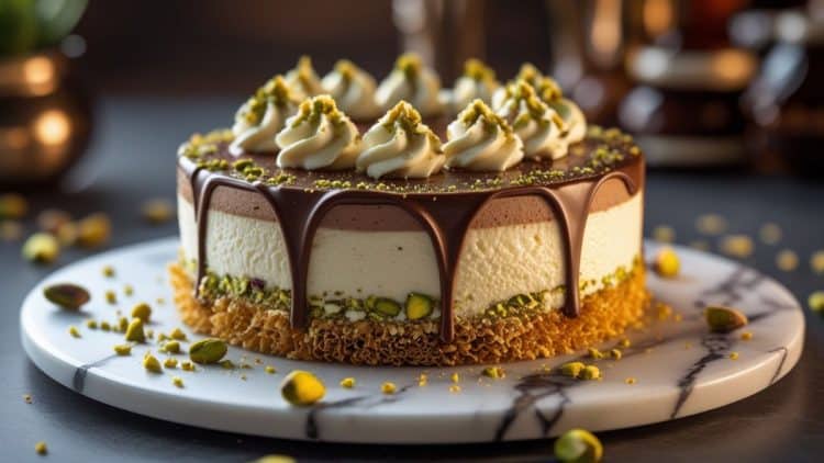 Lahodný Dubai chocolate cheesecake s krémovou vrstvou mascarpone, chrumkavým filo cestom, čokoládovou ganache a posypaný drvenými pistáciami, servírovaný na mramorovom podnose.