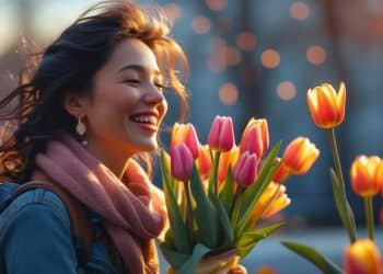 Usmievavá žena s kyticou tulipánov v rukách počas podvečerného svetla s rozostrenými svetielkami v pozadí.