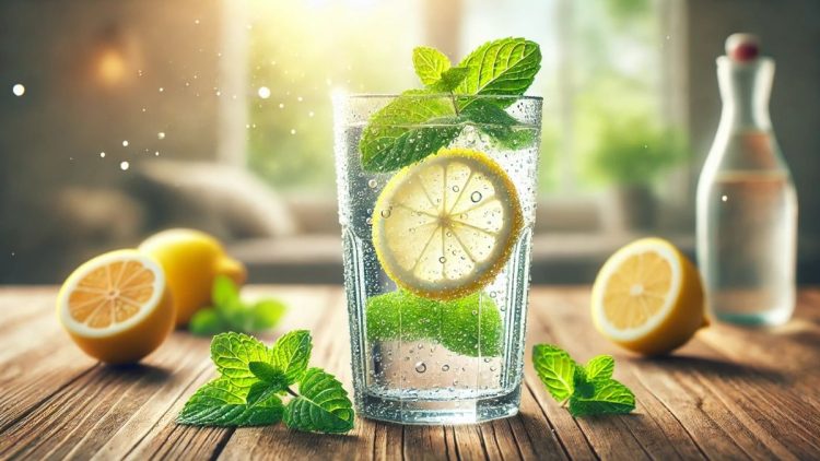 Osviežujúci pohár citrónovej vody s mätou a limetkou na drevenom stole, v pozadí celé a prekrojené citróny.