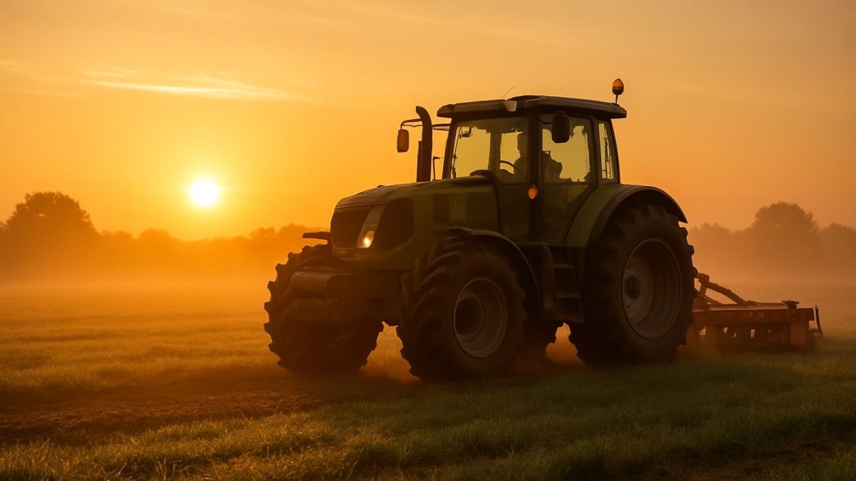 Traktor pracuje na poli pri západe slnka počas letného večera, s oranžovým svetlom na obzore.