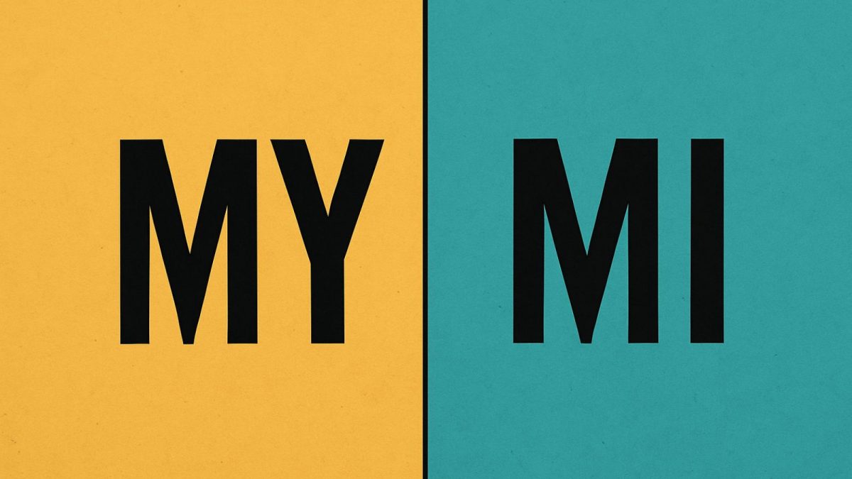 Rozdiel medzi slovami „MY“ a „MI“ znázornený vizuálne na dvojfarebnom pozadí