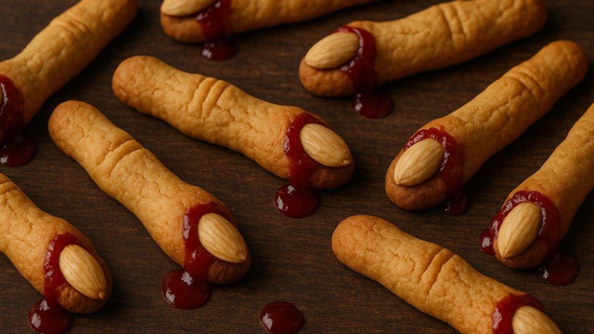 Halloweenske prsty: Maslové sušienky s mandľovými nechtami a krvavým džemom
