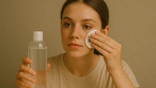 Young Woman Removing Makeup with Cotton Pad