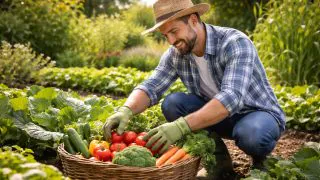 Gardener Harvesting Vegetables in a Sunny Garden
