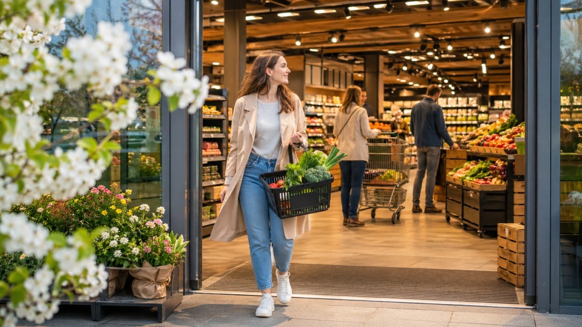 Woman Leaving Grocery Store With Fresh Produce