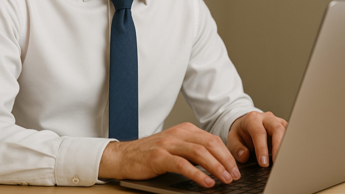 Businessman Typing on Laptop in Office Setting