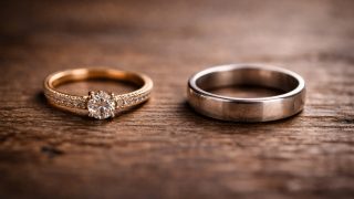 Gold Engagement Ring and Silver Wedding Band
