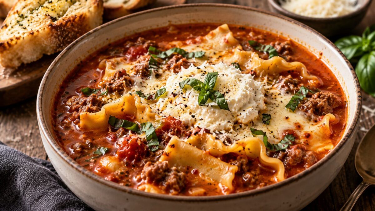 Lasagna soup s mletým mäsom, paradajkami, ricottou, parmezánom a bazalkou