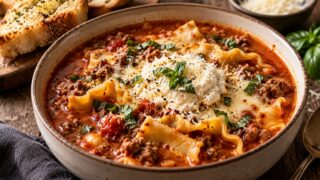 Lasagna soup s mletým mäsom, paradajkami, ricottou, parmezánom a bazalkou