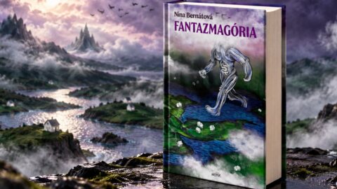Kniha Fantazmagória Niny Bernátovej na pozadí fantastickej krajiny