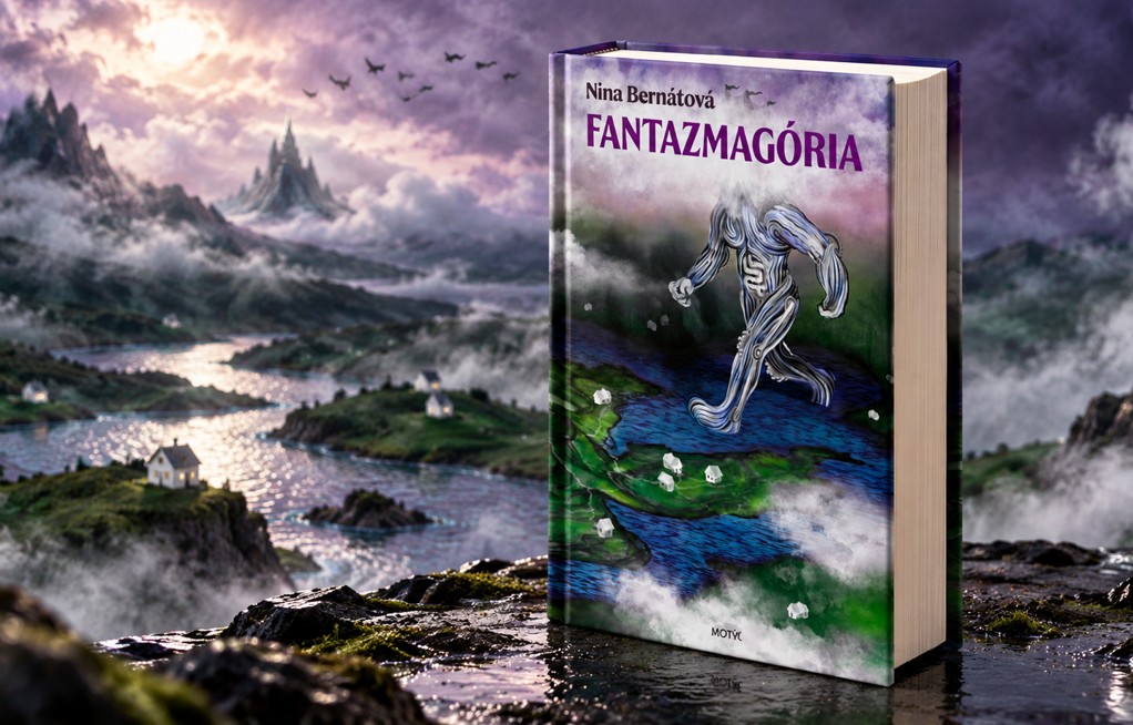 Kniha Fantazmagória Niny Bernátovej na pozadí fantastickej krajiny