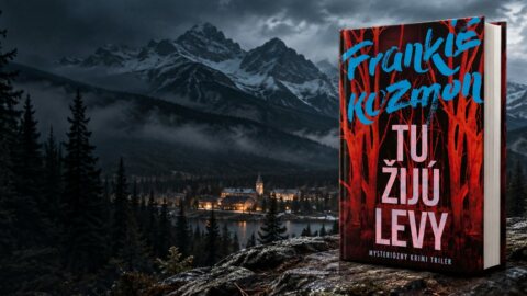 Kniha Tu žijú levy od Frankieho Kozmona na pozadí hôr, lesa a mestečka pri jazere.