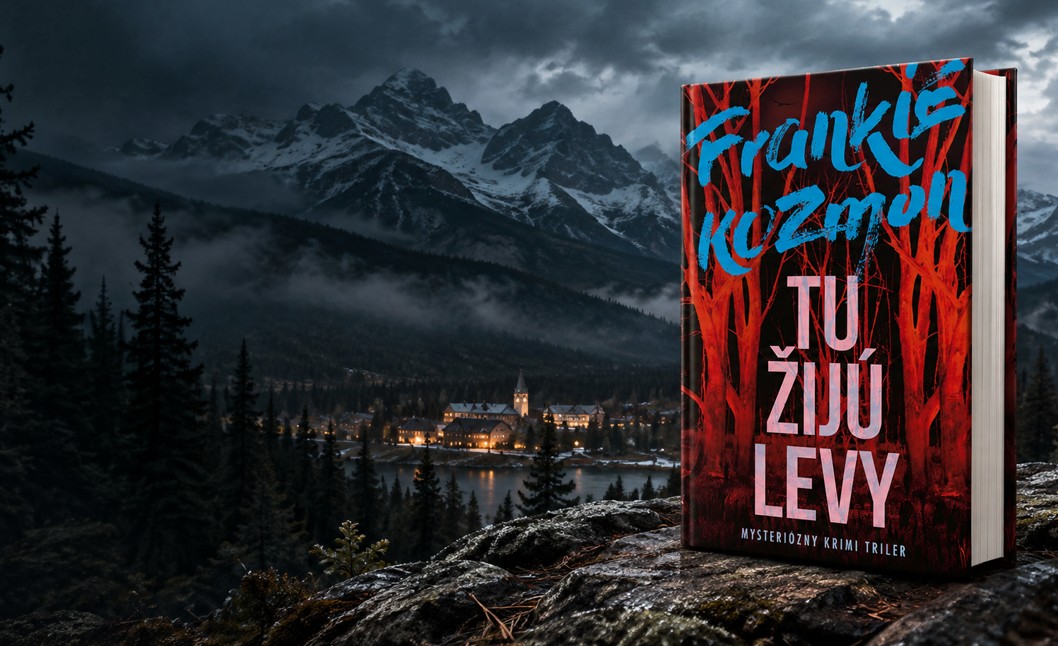 Kniha Tu žijú levy od Frankieho Kozmona na pozadí hôr, lesa a mestečka pri jazere.