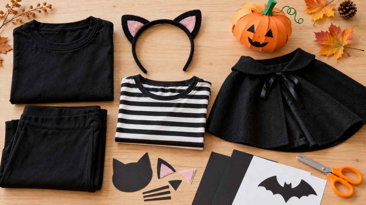 Čierne oblečenie, čelenka s mačacími ušami, pruhované tričko a papierové halloweenske doplnky