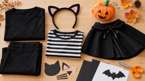 Čierne oblečenie, čelenka s mačacími ušami, pruhované tričko a papierové halloweenske doplnky