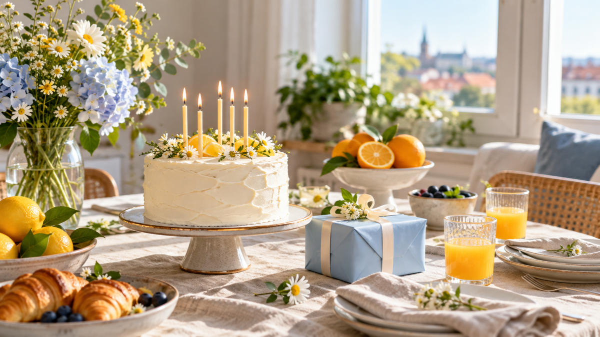Jednoduchá narodeninová torta, modrý darček a citrusy na stole pri slnečnom okne