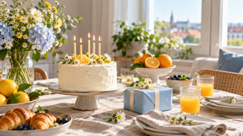 Jednoduchá narodeninová torta, modrý darček a citrusy na stole pri slnečnom okne