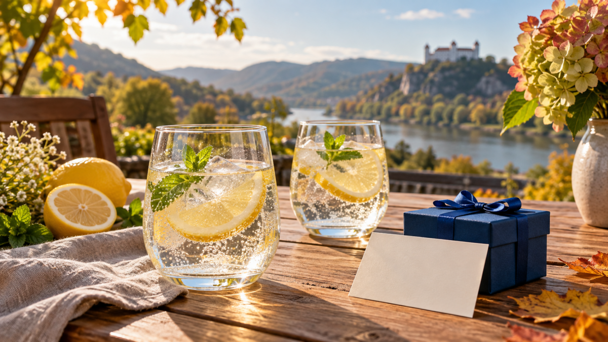 Darček a dve limonády na stole pre priateľov