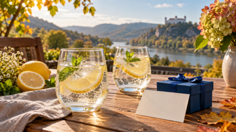 Darček a dve limonády na stole pre priateľov