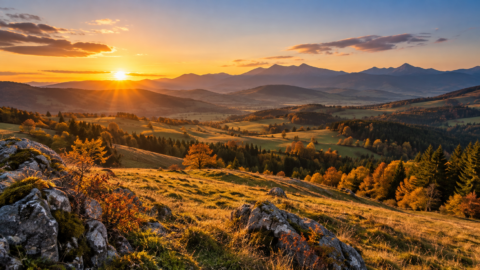 Nízke jesenné slnko nad krajinným horizontom