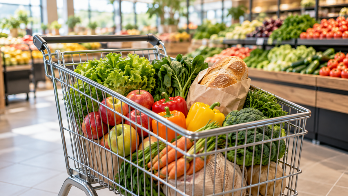 Nákupný vozík s ovocím, zeleninou a chlebom v supermarketovej ilustračnej scéne