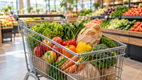 Nákupný vozík s ovocím, zeleninou a chlebom v supermarketovej ilustračnej scéne