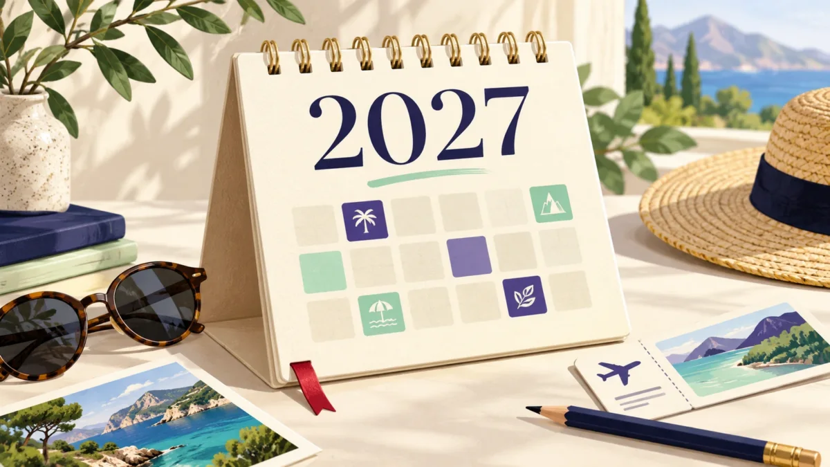 Ilustrácia stolového kalendára s rokom 2027 a farebne zvýraznenými políčkami na plánovanie voľna.