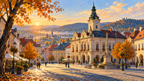 Ilustrácia námestia s historickou radnicou v jesennom rannom svetle.