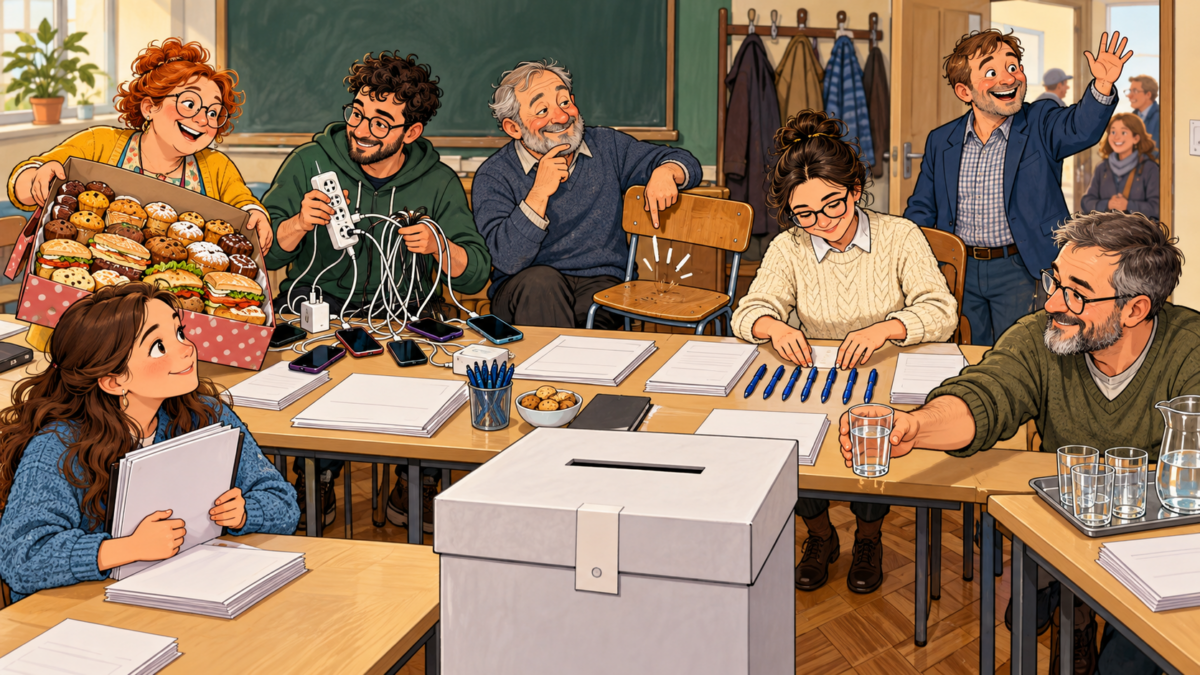 Humorná ilustrácia siedmich členov volebnej komisie s koláčmi, nabíjačkami a starostlivo zoradenými perami.